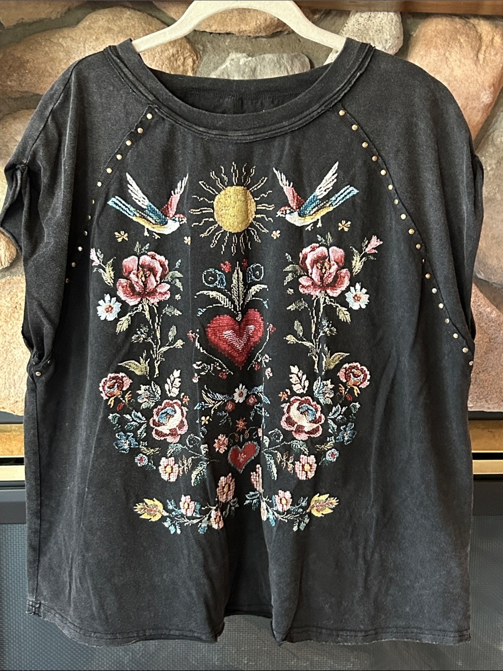 SHEIN | Bohemela Black Short Sleeve Embroidered-Print Studs Boho Tee, Size XL